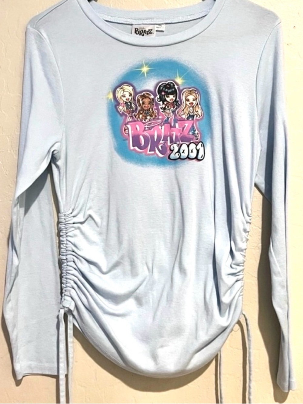 Bratz Vintage 2001 Baby Blue Ruched Y2K Long Sleeve Top Women’s S (Kids XXL)